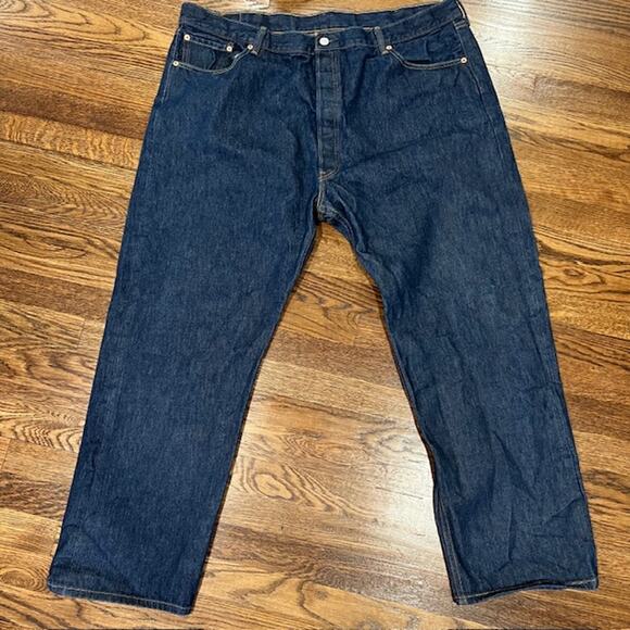 Levi's 501 Button Fly Denim Jeans Mens 46x30 Dark Wash Straight Leg Shrink toFit - Picture 1 of 10